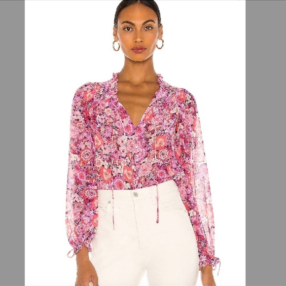 For Love & Lemons Grace Blouse Carnation Floral Small Pink - Picture 1 of 9